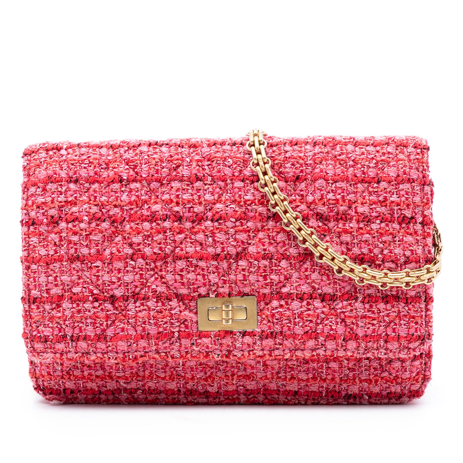 Chanel Reissue 2.55 Pink Tweed Quilted Wallet On Chain Bag: Chanel Reissue 2.55 Pink Tweed Quilted Wallet On Chain Bag This Chanel Quilted Tweed Reissue 2.55 Wallet On Chain features a pink quilted tweed exterior, a chain link strap, a front flap with twist lo