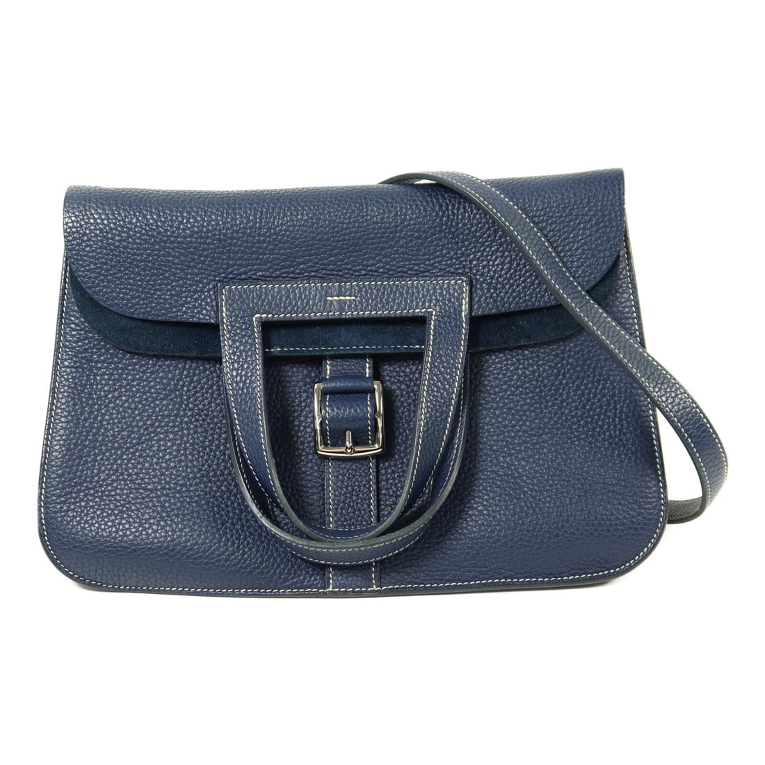 Hermes Halzan 31 Taurillon Clemence 2 Way Shoulder Bag Bleu Encre PHW: Hermes Halzan 31 Taurillon Clemence 2 Way Shoulder Bag Bleu Encre PHW Hermes Halzan 31 2 Way Shoulder Bag in Bleu Encre, made from Taurillon Clemence leather and calfskin (cowhide). This women's bag f