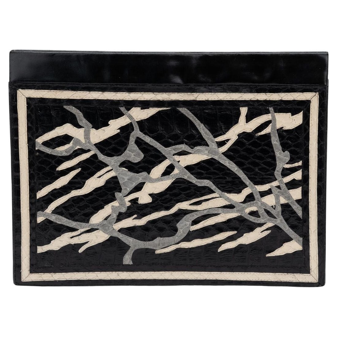 Chanel Vintage Black Python Abstract Clutch with Dust Cover: Chanel Vintage Black Python Abstract Clutch with Dust Cover This exquisite vintage clutch from Chanel showcases a stunning abstract design in grey and white, crafted from luxurious black python leathe