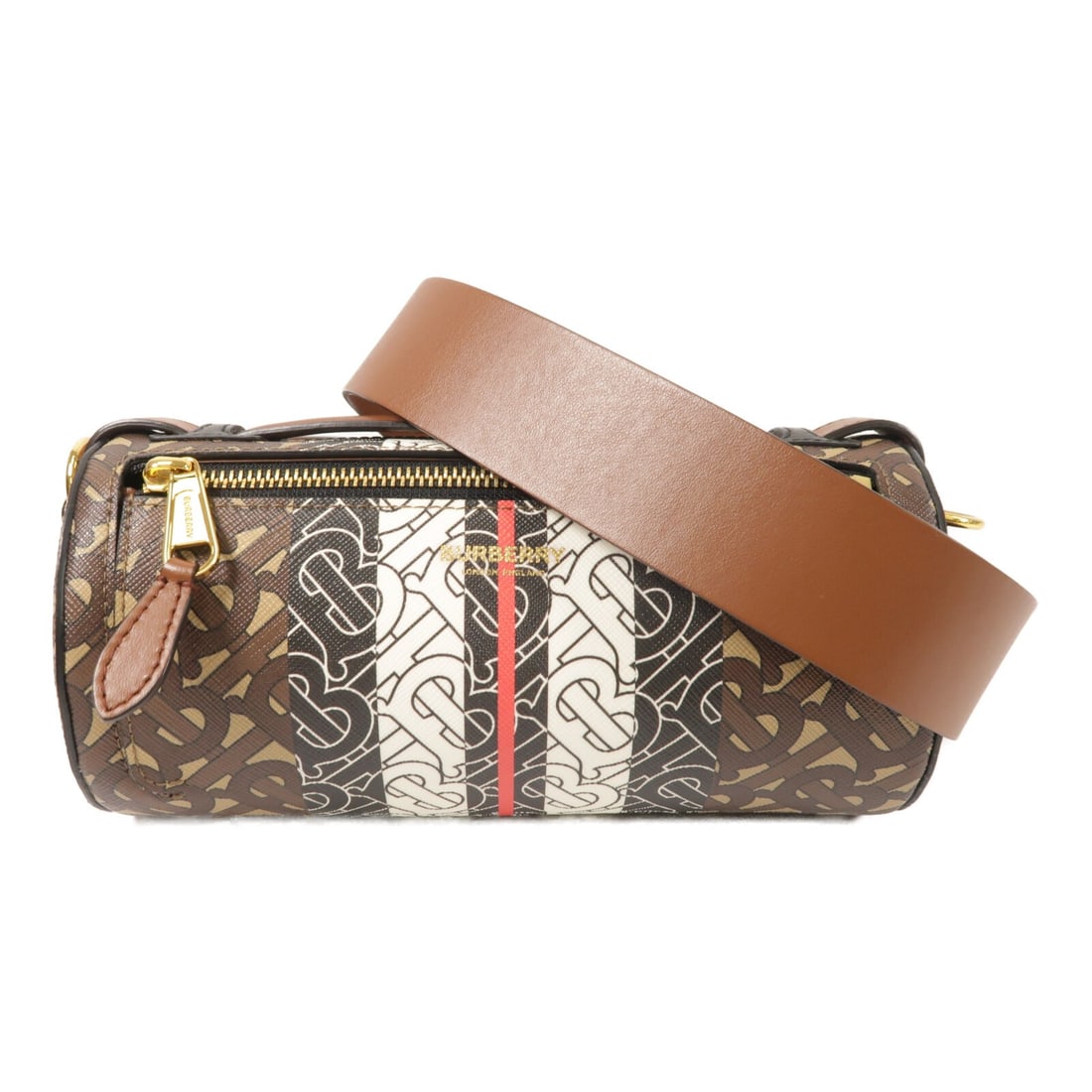 Burberry Monogram Stripe 2Way Shoulder Bag Brown Black Coated Canvas: Burberry Monogram Stripe 2Way Shoulder Bag Brown Black Coated Canvas A Burberry 2-way shoulder bag in brown and black monogram stripe design, made from PVC coated canvas. It features a brown frame col