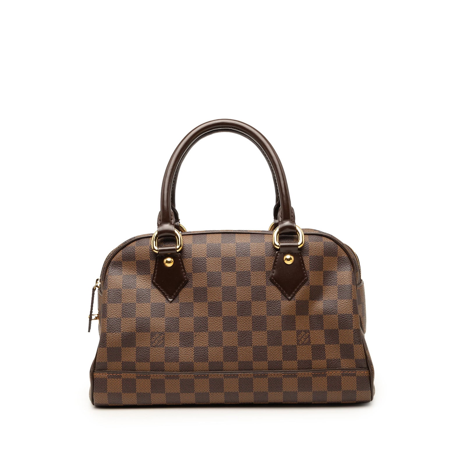 Louis Vuitton Duomo Damier Ebene Brown Handbag: Louis Vuitton Duomo Damier Ebene Brown Handbag The Louis Vuitton Damier Ebene Duomo is a brown bag crafted in damier ebene canvas with leather trim. It features rolled leather handles, a clochette, a 