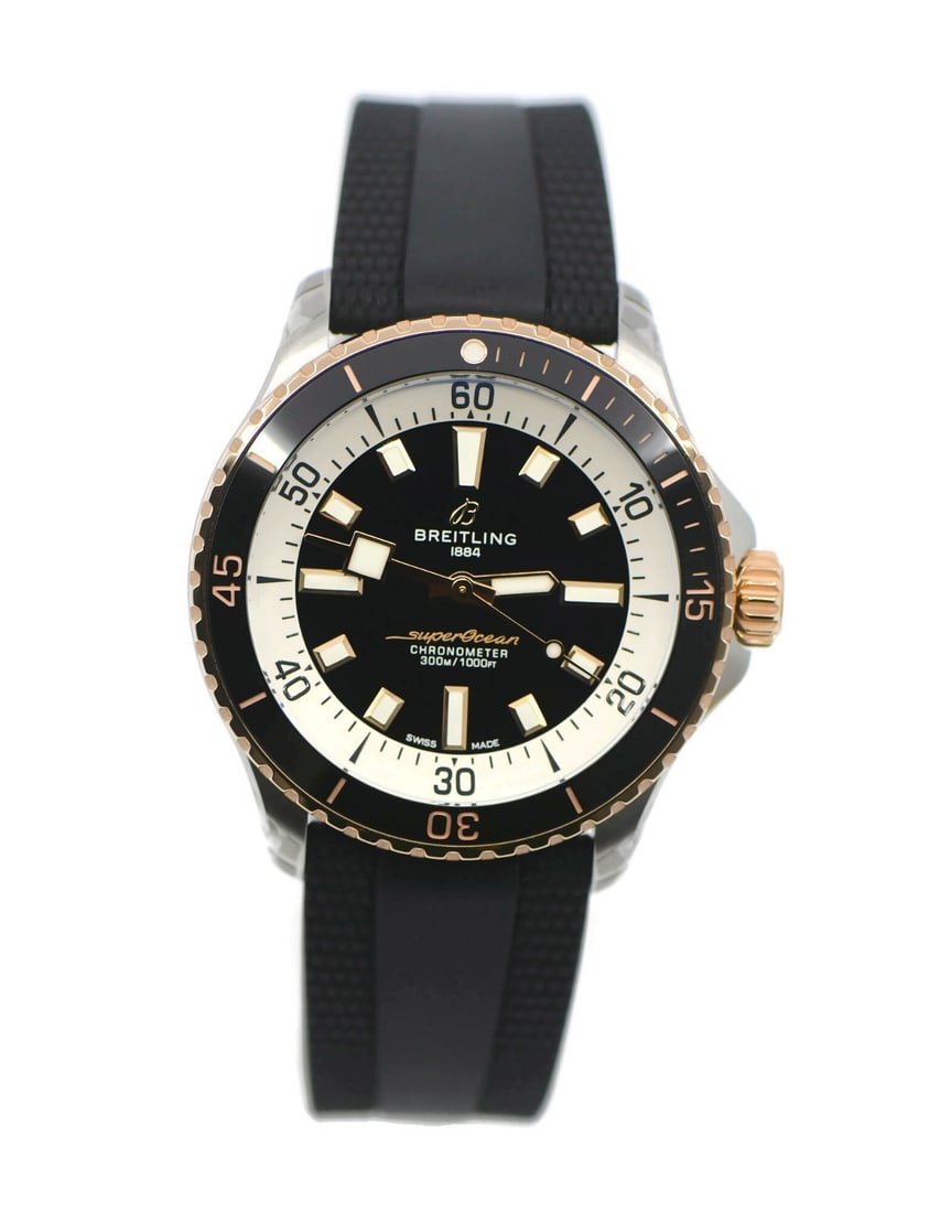 Breitling Superocean 18K Steel 42mm Automatic Black Dial: Breitling Superocean 18K Steel 42mm Automatic Black Dial This Breitling Superocean wristwatch, reference U17375, features a 42mm stainless steel case with 18K accents. It is equipped with a unidirecti