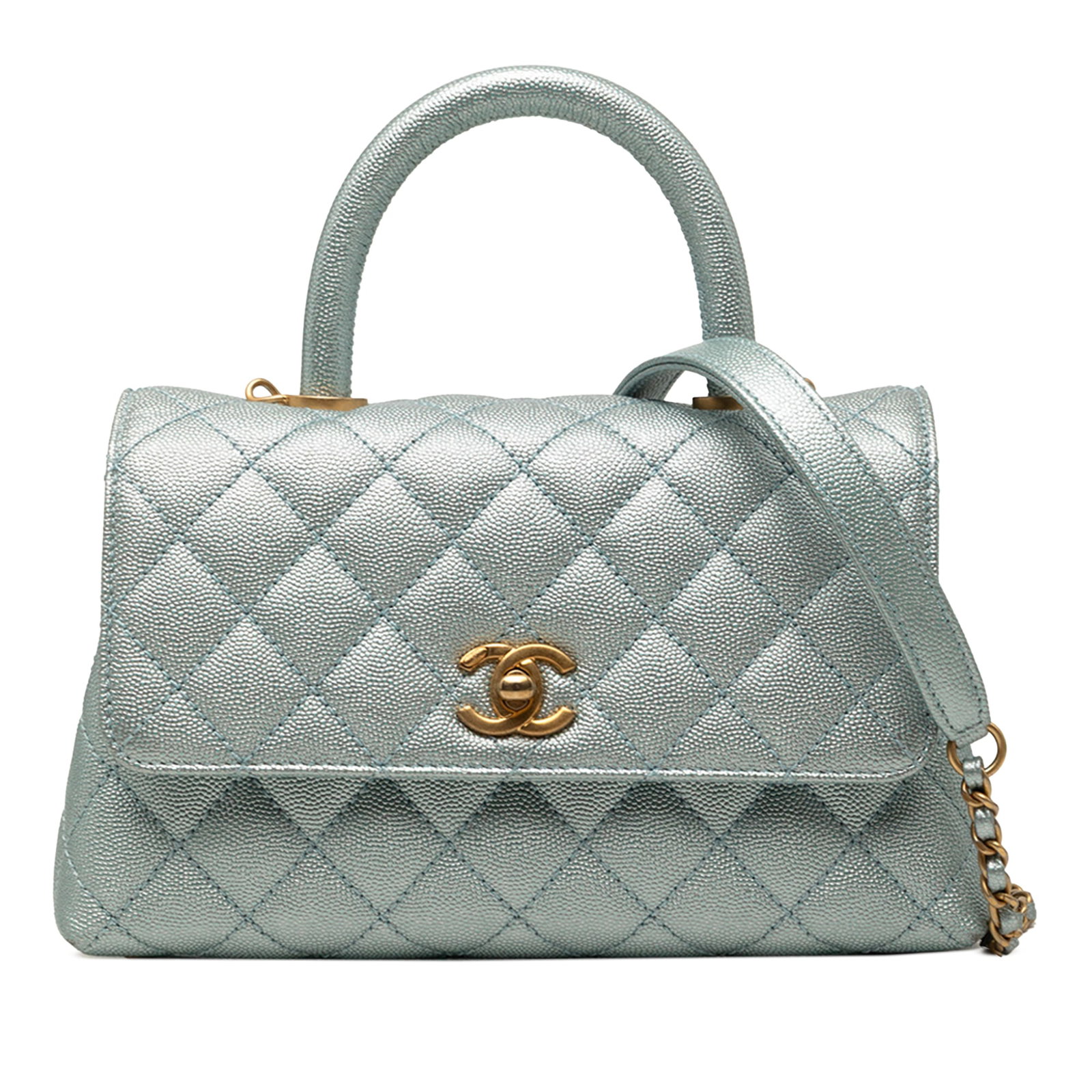 Chanel Coco Top Handle Mini Metallic Caviar Leather Bag: Chanel Coco Top Handle Mini Metallic Caviar Leather Bag This Chanel Mini Metallic Caviar Coco Top Handle Bag is crafted in quilted leather with a rolled leather top handle and a detachable leather-wov