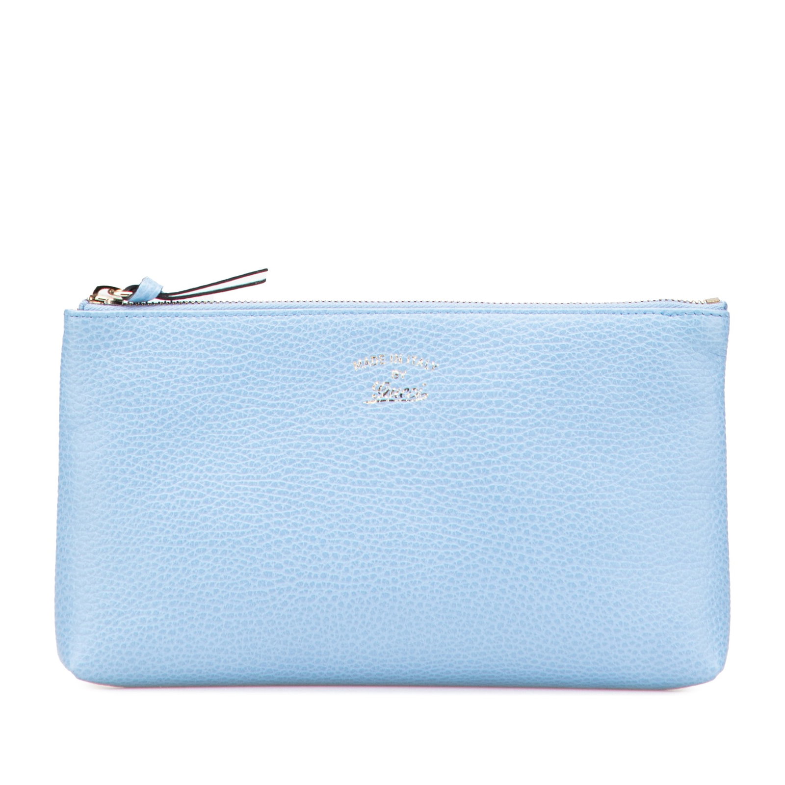 Gucci Large Dollar Calfskin Swing Pouch Blue Leather: Gucci Large Dollar Calfskin Swing Pouch Blue Leather This Gucci Large Dollar Calfskin Swing Pouch is a stylish accessory crafted from grained leather. It features a top zip closure for secure storage 
