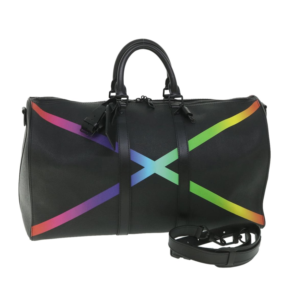 Louis Vuitton M30345 Keepall Bandouliere 50 Taiga Boston Bag Black Multicolor: Louis Vuitton M30345 Keepall Bandouliere 50 Taiga Boston Bag Black Multicolor Louis Vuitton Taiga Rainbow Keepall Bandouliere 50 Boston Bag in black and multicolor Taiga leather. Made in France, this 