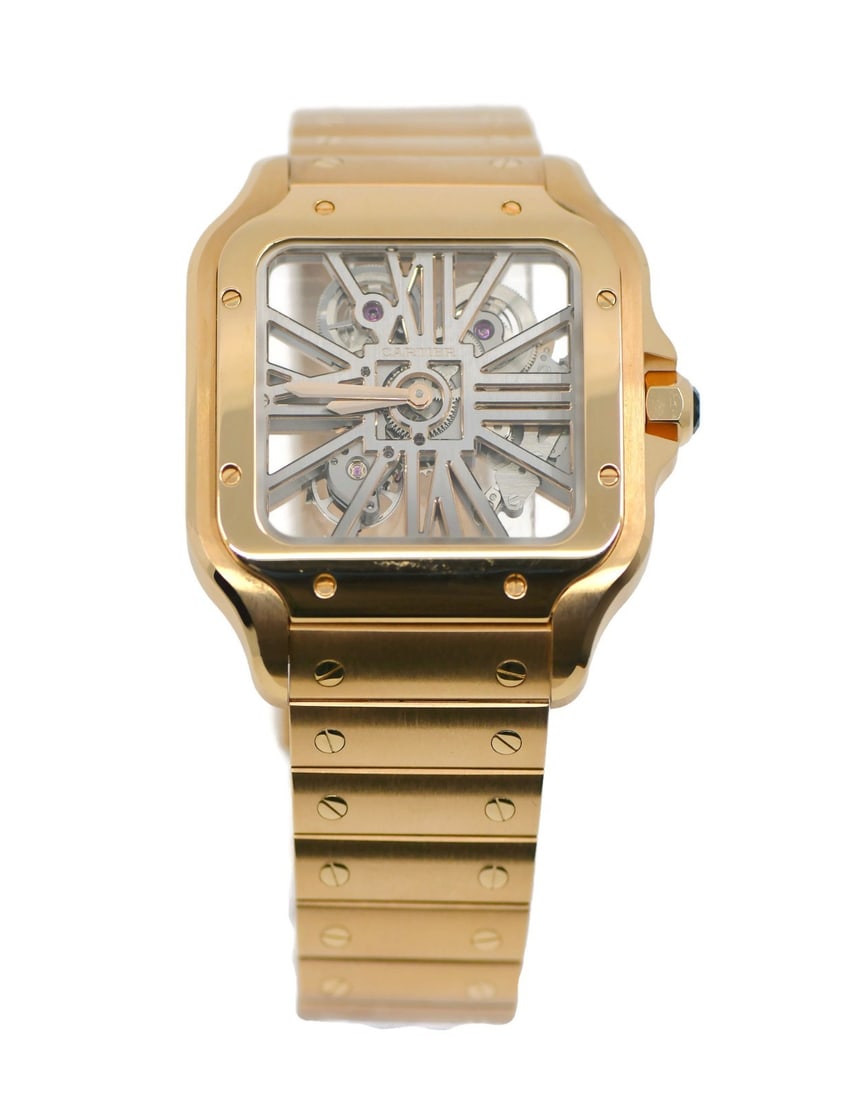 Cartier Santos Skeleton 18K Rose Gold Automatic Watch WHSA0016 with Box and Papers: Cartier Santos Skeleton 18K Rose Gold Automatic Watch WHSA0016 with Box and Papers Experience the luxury of the Cartier Santos Skeleton wristwatch, crafted in exquisite 18K rose gold. This stunning ti