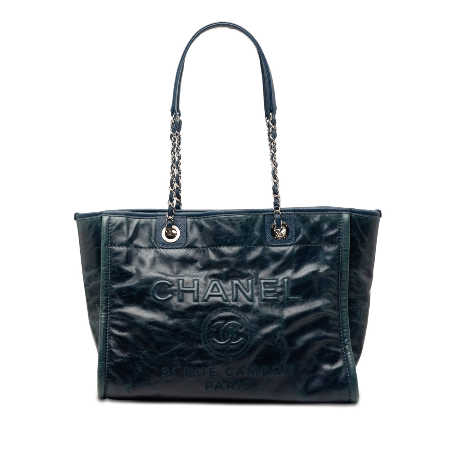 Chanel Deauville blue glazed calfskin tote with dust bag and card: Chanel Deauville blue glazed calfskin tote with dust bag and card This Chanel Small Glazed Calfskin Deauville Tote features a blue calfskin leather body with caviar leather trim, leather-woven chain h