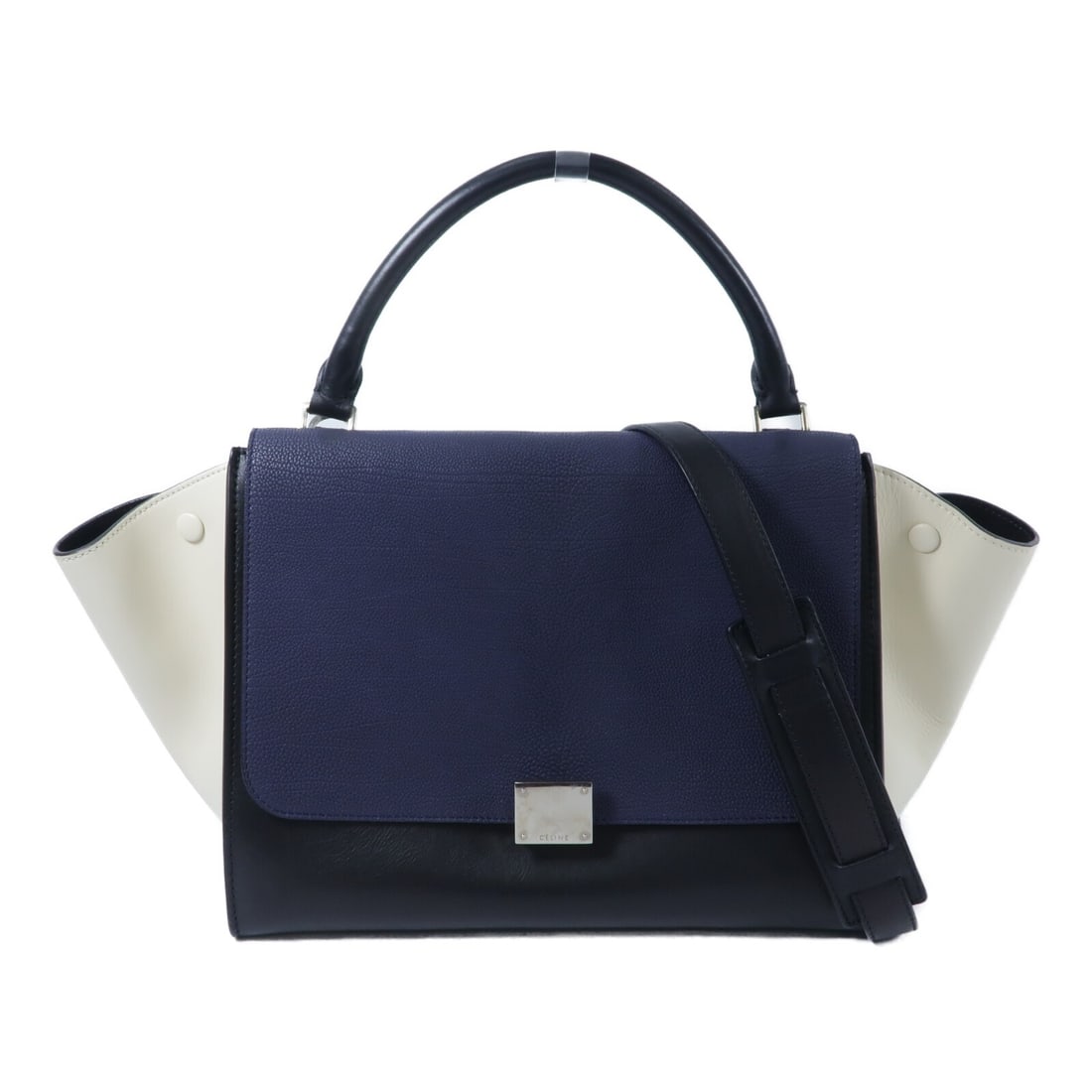 CELINE Trapeze Medium Calfskin 2 Way Shoulder Bag Black Blue: CELINE Trapeze Medium Calfskin 2 Way Shoulder Bag Black Blue CELINE Trapeze Medium 2 Way Shoulder Bag in black and blue calfskin leather. This women's regular-size bag features a 2-way shoulder bag st