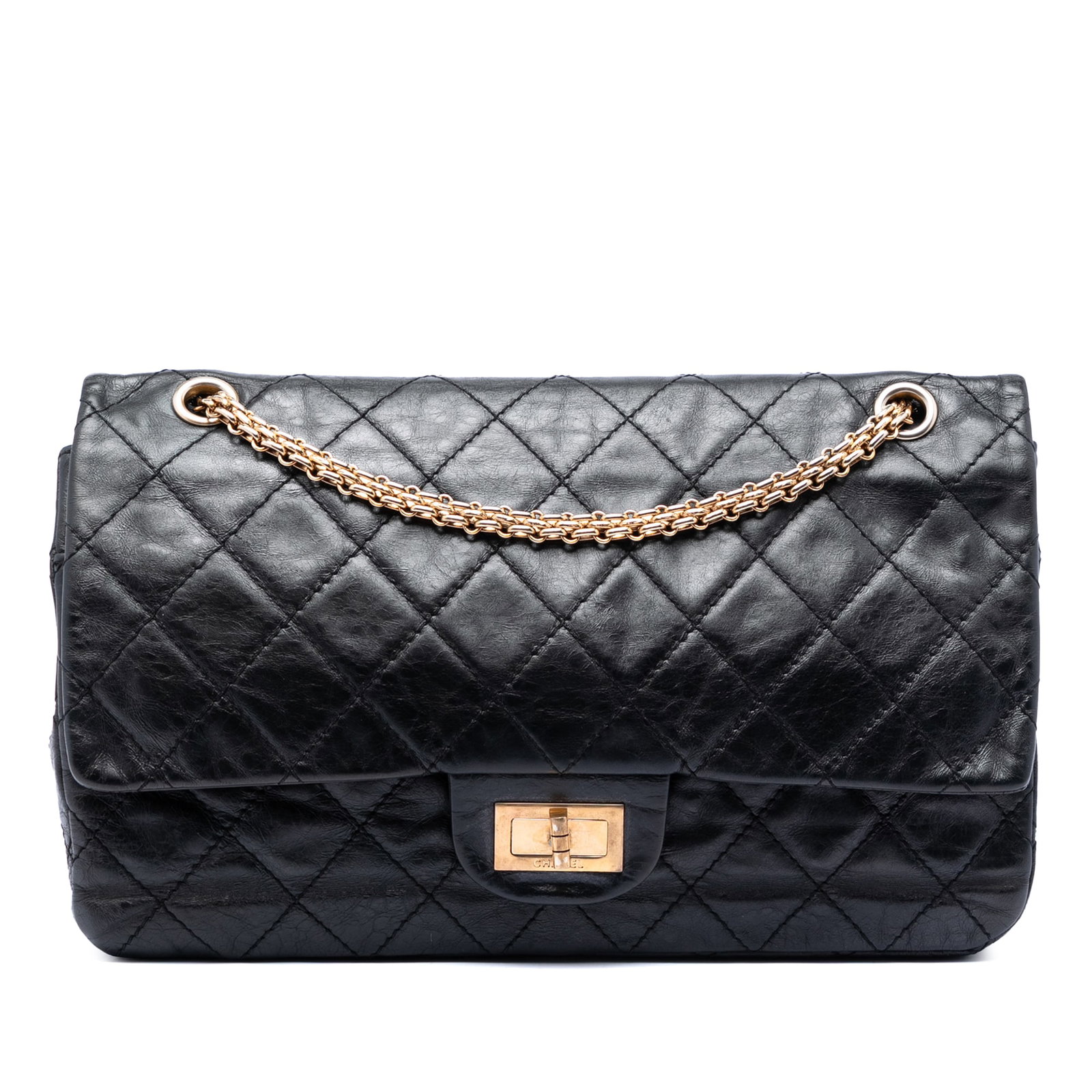 Chanel 2.55 Reissue Quilted Calfskin Double Flap Shoulder Bag: Chanel 2.55 Reissue Quilted Calfskin Double Flap Shoulder Bag This Chanel Quilted Aged Calfskin Reissue 2.55 Double Flap 227 shoulder bag is crafted from quilted aged calf leather in black. It feature