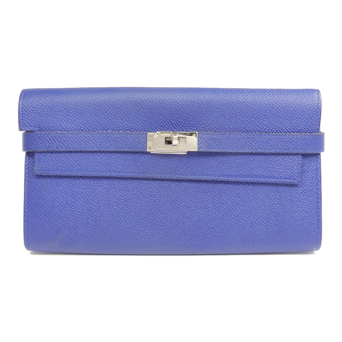 Hermes Kelly Long Bifold Wallet Epsom Calfskin Bleu Electrique: Hermes Kelly Long Bifold Wallet Epsom Calfskin Bleu Electrique Hermes Kelly Long Wallet in Bleu Electrique blue, made from Veau Epsom leather with calfskin (cowhide) details. This bifold wallet is a w
