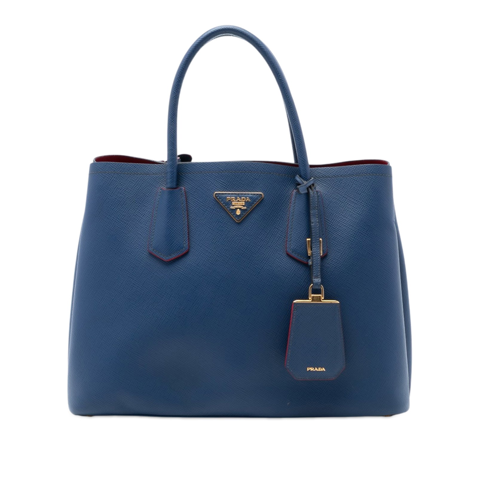 Prada Blue Saffiano Leather Medium Double Satchel: Prada Blue Saffiano Leather Medium Double Satchel This Prada Medium Saffiano Cuir Double Satchel is crafted from saffiano leather and features rolled leather handles, an open top with side snap button