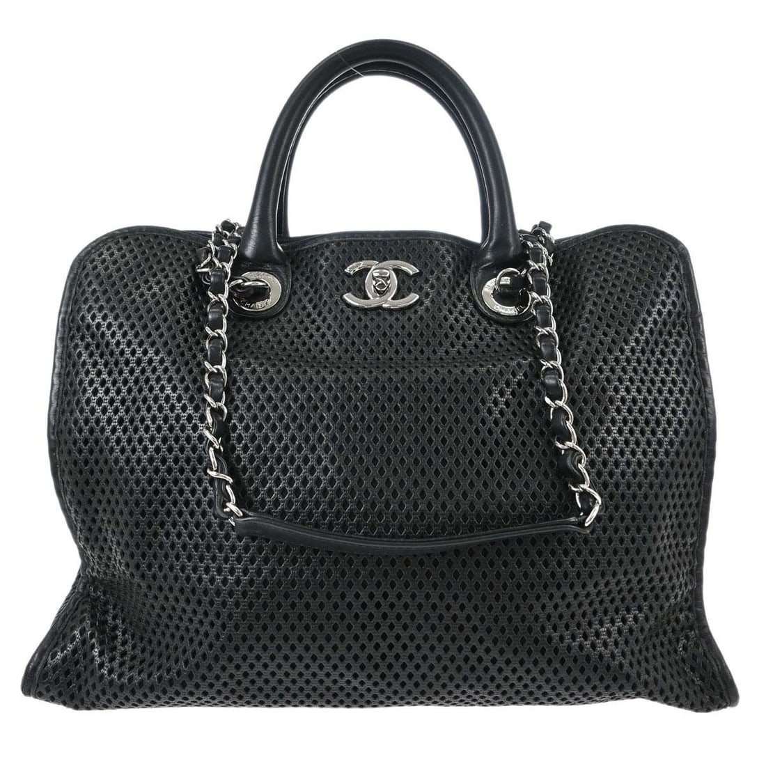 CHANEL Up In The Air perforated calfskin tote chain strap black: CHANEL Up In The Air perforated calfskin tote chain strap black This CHANEL Up In The Air Tote is a medium black 2way chain handbag made from perforated calfskin with quilted accents. It features a tu