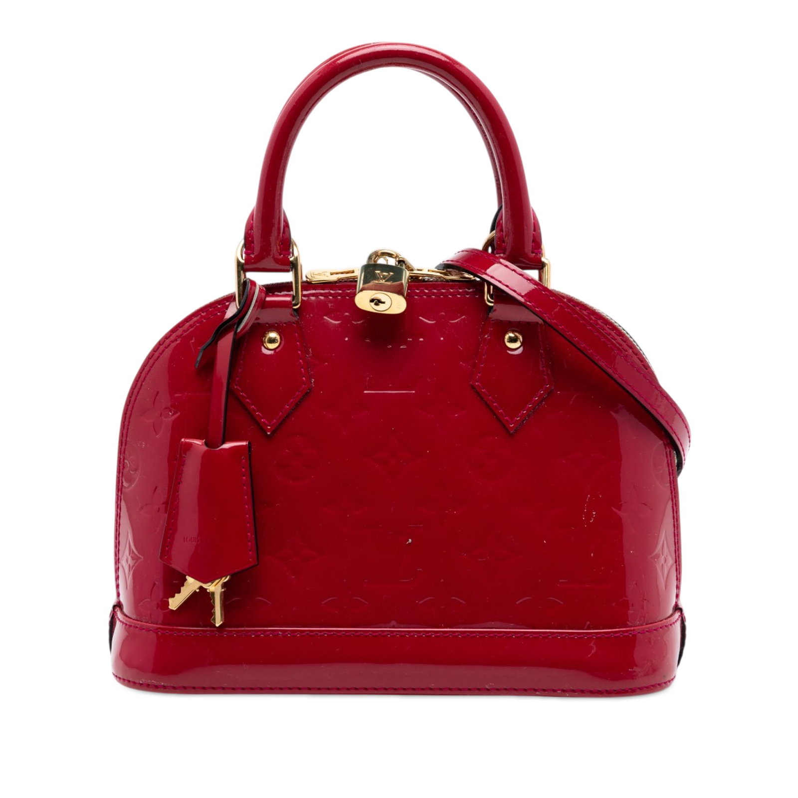 Louis Vuitton Alma BB Monogram Vernis Red Leather Handbag: Louis Vuitton Alma BB Monogram Vernis Red Leather Handbag Louis Vuitton Monogram Vernis Alma BB handbag in red vernis leather with rolled leather handles, a detachable leather strap, top zip-around cl