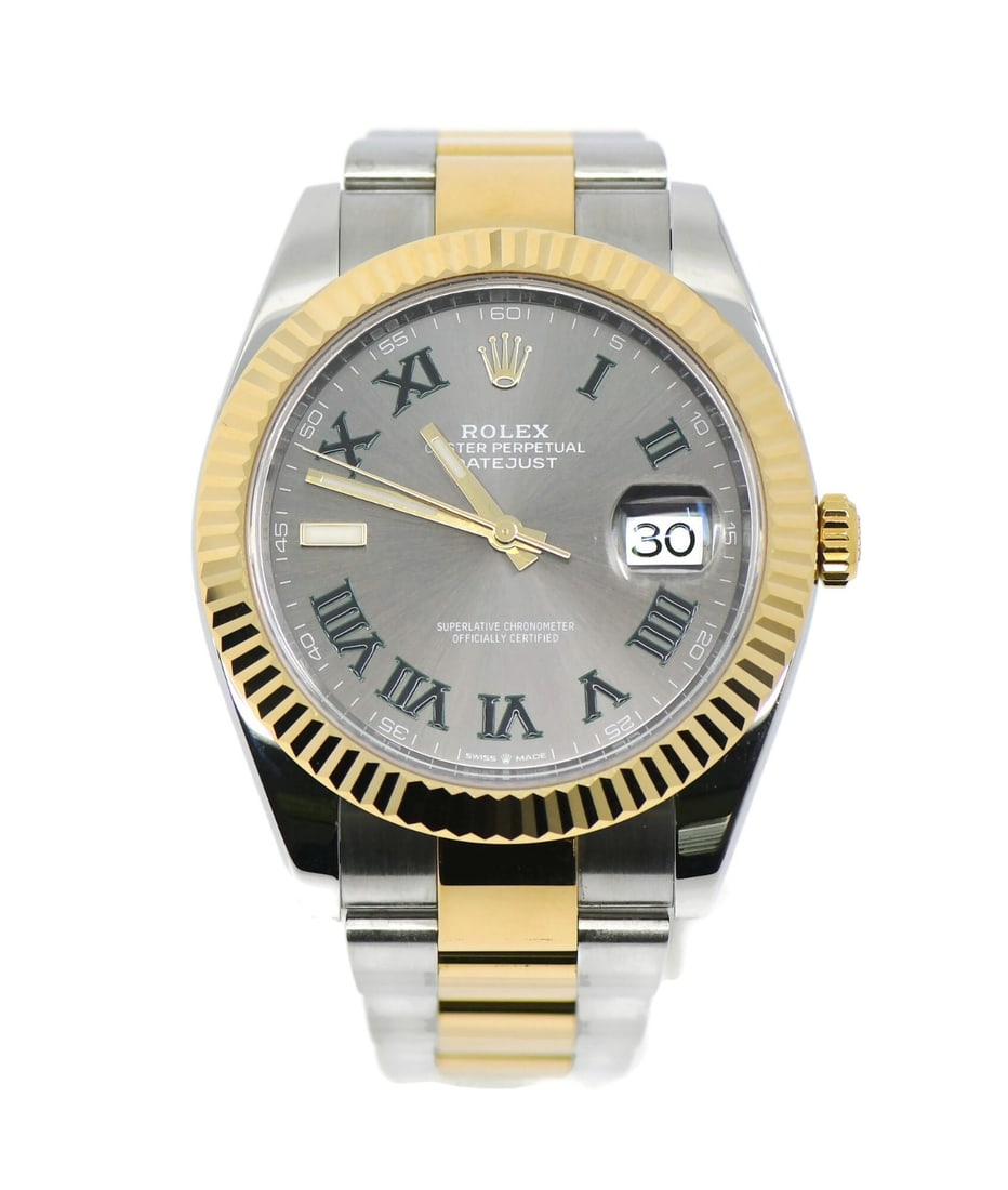 Rolex Datejust 41 Wimbledon 126333 Two Tone Automatic Watch: Rolex Datejust 41 Wimbledon 126333 Two Tone Automatic Watch This Rolex Datejust 41 Wimbledon wristwatch features a 41 mm polished stainless steel case with a fluted gold bezel and a sunburst gray dial