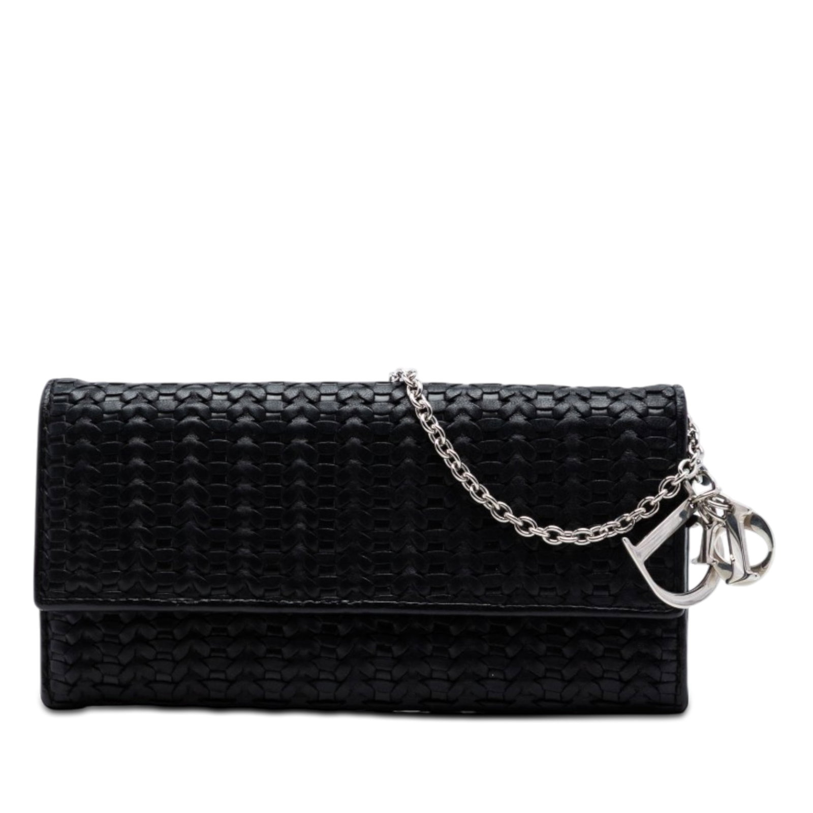 Dior Lady Dior Rendezvouz woven lambskin wallet on chain: Dior Lady Dior Rendezvouz woven lambskin wallet on chain Lady Dior Rendezvouz wallet on chain in black woven lambskin leather. This piece features a detachable chain strap, a front flap with snap butt