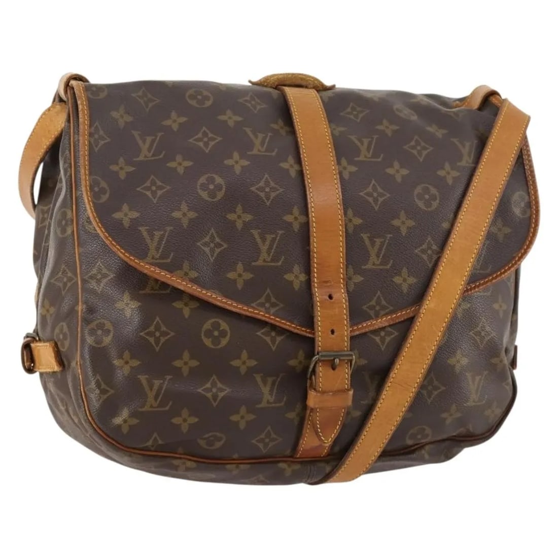Brown Canvas Handbag Louis Vuitton Saumur: Brown Canvas Handbag Louis Vuitton Saumur This Louis Vuitton Saumur handbag features the iconic monogram canvas in brown and is designed for women. The bag shows signs of use, including surface rubbin