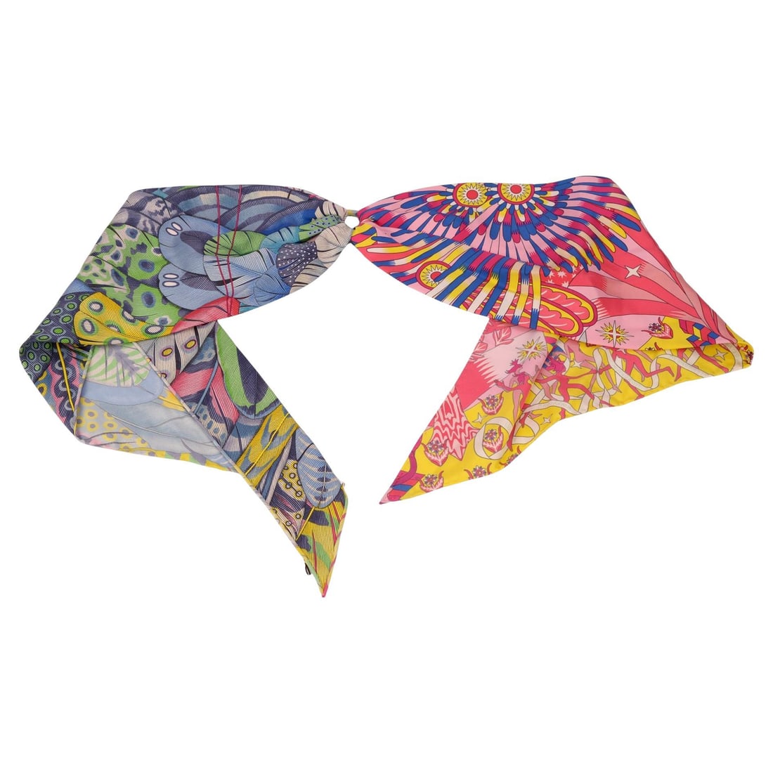 La Danse Pacifique Silk Twilly by Hermes 50 Inch Scarf: La Danse Pacifique Silk Twilly by Hermes 50 Inch Scarf Hermes "La Danse Pacifique" Twilly Scarf is crafted from 100% silk and features hand rolled edges. This long, narrow scarf can be styled around t