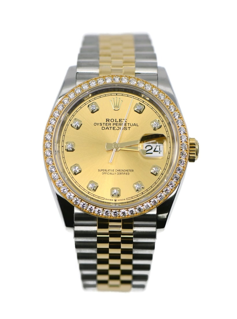 Rolex Datejust 126283RBR Diamond Bezel Champagne Dial Wristwatch: Rolex Datejust 126283RBR Diamond Bezel Champagne Dial Wristwatch This Rolex Datejust 126283RBR is a luxury wristwatch featuring a 36mm polished stainless steel case with an 18K gold and diamond-set be