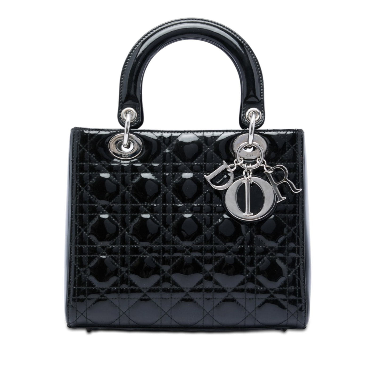 Dior Lady Dior Medium Cannage Patent Leather Handbag Black: Dior Lady Dior Medium Cannage Patent Leather Handbag Black This Medium Patent Cannage Lady Dior bag features a quilted patent leather body, flat leather top handles, a top zip closure, and an interior