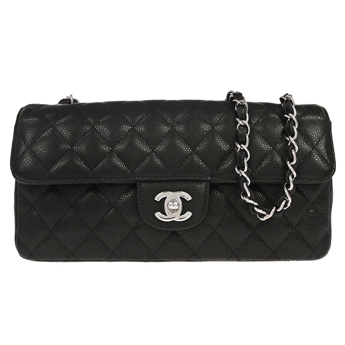 CHANEL East West Chain Shoulder Bag Black Caviar Leather: CHANEL East West Chain Shoulder Bag Black Caviar Leather Chanel East West Chain Shoulder Bag in black caviar skin leather with a matelasse quilted exterior and leather lining. It features a turn lock 