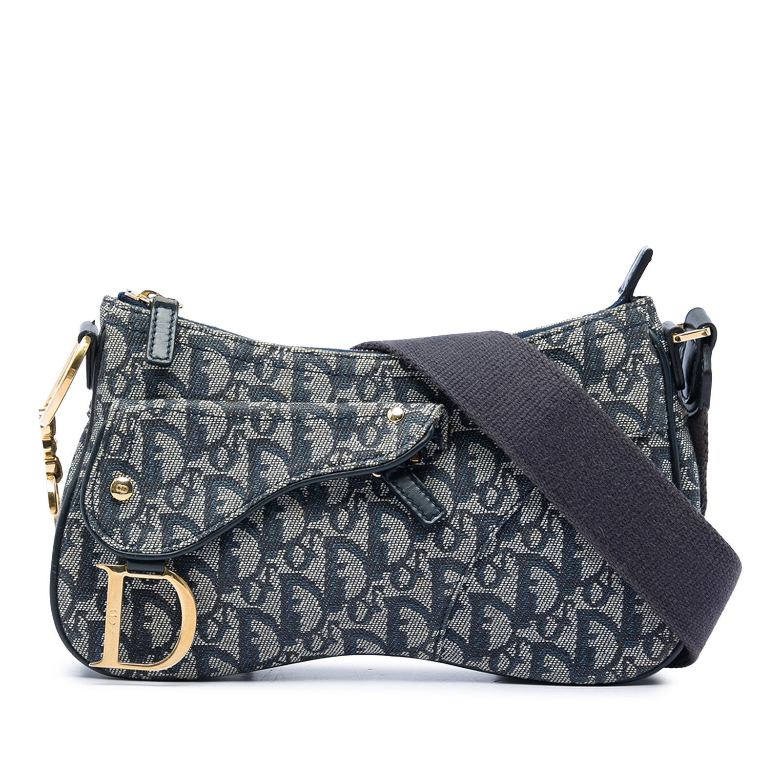 Dior Double Saddle Crossbody in Blue Diorissimo Trotter Canvas: Dior Double Saddle Crossbody in Blue Diorissimo Trotter Canvas This Diorissimo Trotter Canvas Double Saddle crossbody bag features a canvas body with leather trim, an adjustable flat canvas shoulder s
