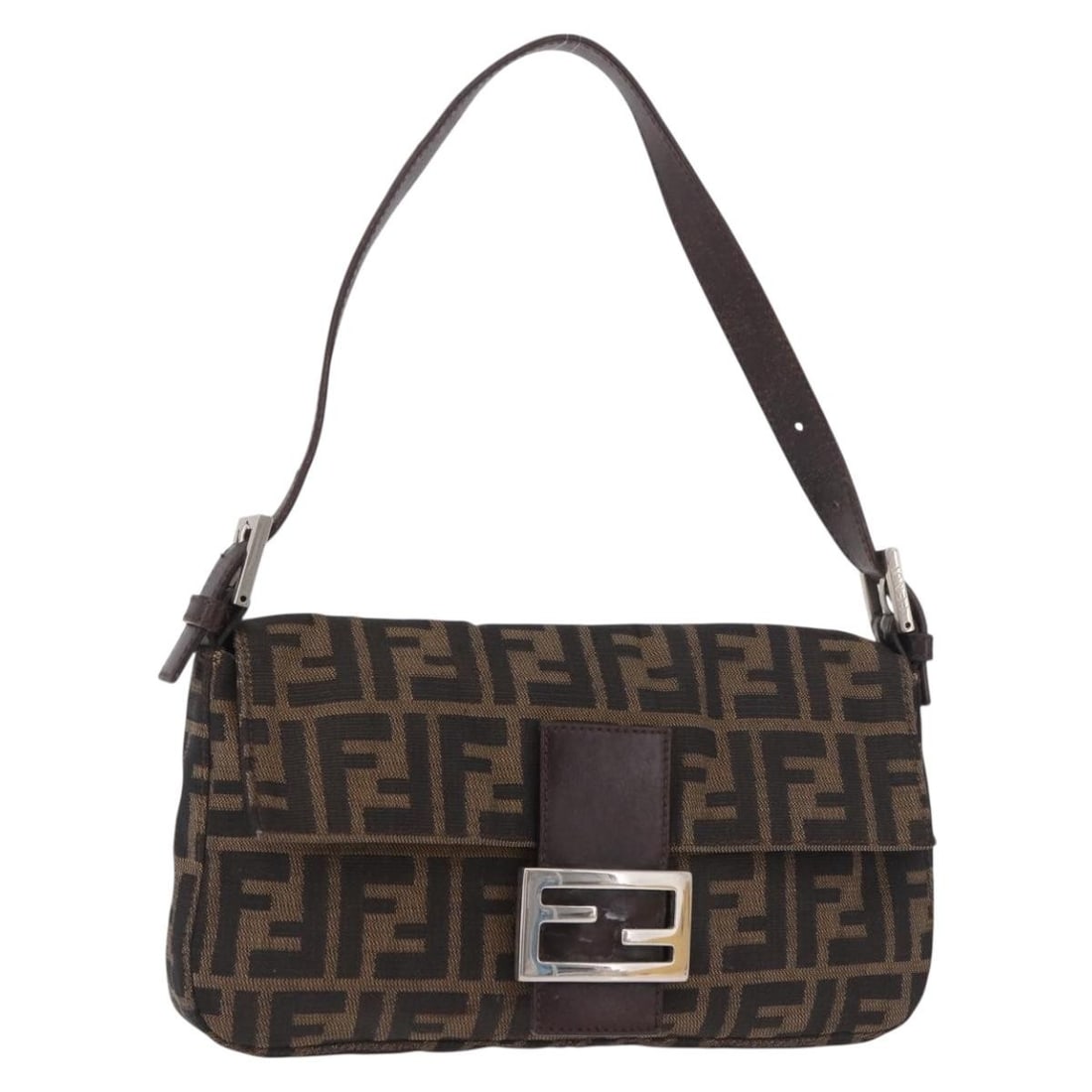 FENDI Mamma Baguette Shoulder Bag in Black Brown Zucca Canvas: FENDI Mamma Baguette Shoulder Bag in Black Brown Zucca Canvas Authentic FENDI Mamma Baguette shoulder bag in black and brown Zucca canvas. This women's bag includes a dust bag and is made in Italy. Co