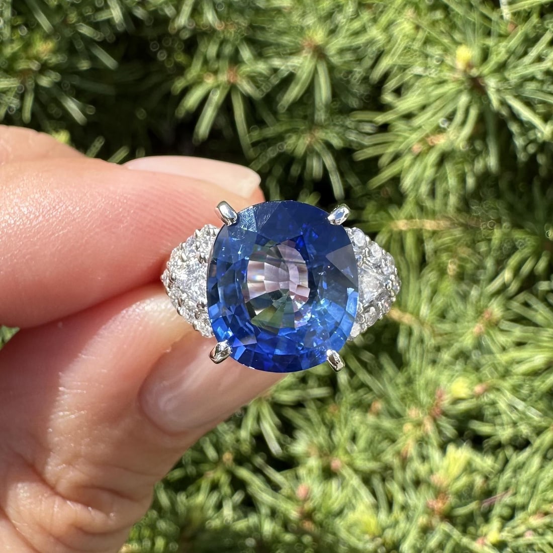 Platinum GIA 6.55ctw Ceylon Sapphire Diamond Cluster Cocktail Ring: Platinum GIA 6.55ctw Ceylon Sapphire Diamond Cluster Cocktail Ring Elevate your elegance with this stunning cocktail ring featuring a large cushion-cut Ceylon sapphire, weighing 6.14ct, surrounded by 