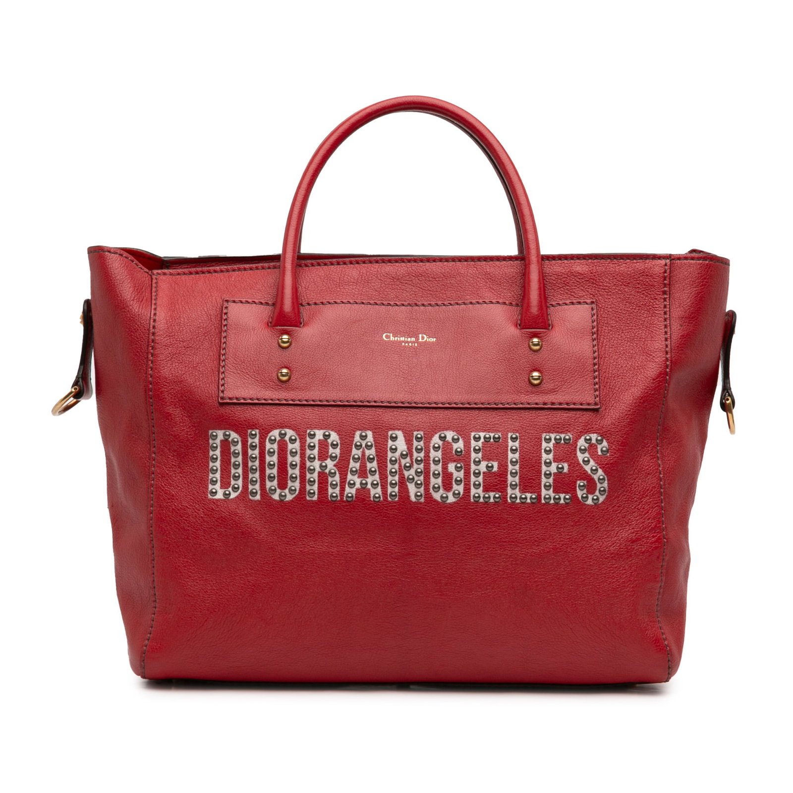 Dior Diorangeles Studded Red Goatskin Convertible Tote Bag: Dior Diorangeles Studded Red Goatskin Convertible Tote Bag This Dior Studded Goatskin Diorangeles Convertible Tote features a goatskin leather body in red, rolled leather handles, a top zip closure, a