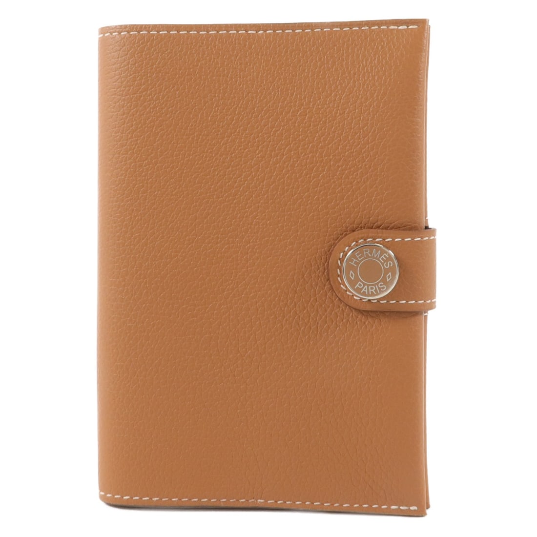 Hermes RMS Passport Holder Evercolor Calfskin Gold PHW: Hermes RMS Passport Holder Evercolor Calfskin Gold PHW Hermes passport holder in Evercolor leather and calfskin (cowhide), presented in gold and brown tones. It features a hook button closure and come