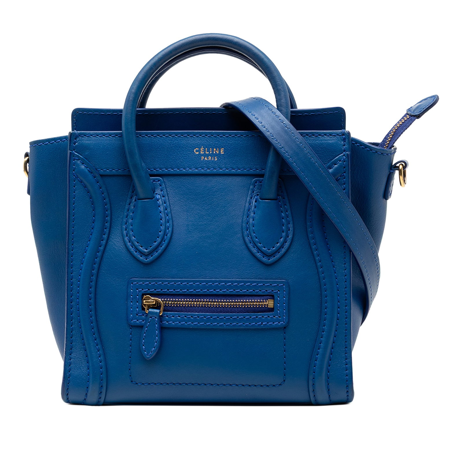 Celine Nano Luggage Tote Leather Bag Blue: Celine Nano Luggage Tote Leather Bag Blue This Celine Nano Leather Luggage Tote is crafted in blue leather and features rolled leather handles, a detachable flat leather strap, a top zip closure, a fr