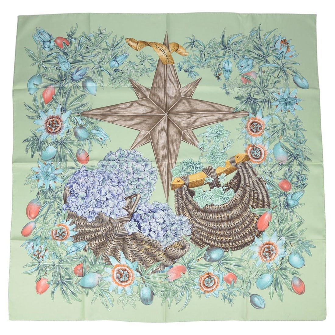 Hermes Passiflores 35 Inch Cashmere Square Scarf by Valerie Dawlat-Dumoulin: Hermes Passiflores 35 Inch Cashmere Square Scarf by Valerie Dawlat-Dumoulin The Hermes "Passiflores" scarf is crafted from cashmere with hand rolled edges. Designed by artist Valerie Dawlat-Dumoulin, 