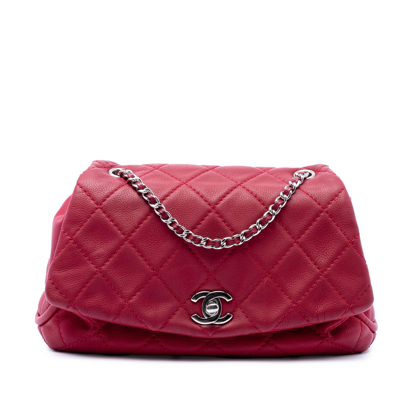 Chanel CC Curvy Flap Quilted Calfskin Shoulder Bag Red: Chanel CC Curvy Flap Quilted Calfskin Shoulder Bag Red A Chanel shoulder bag in red quilted calfskin leather, featuring leather-woven chain straps, a front flap with CC twist lock closure, and interio