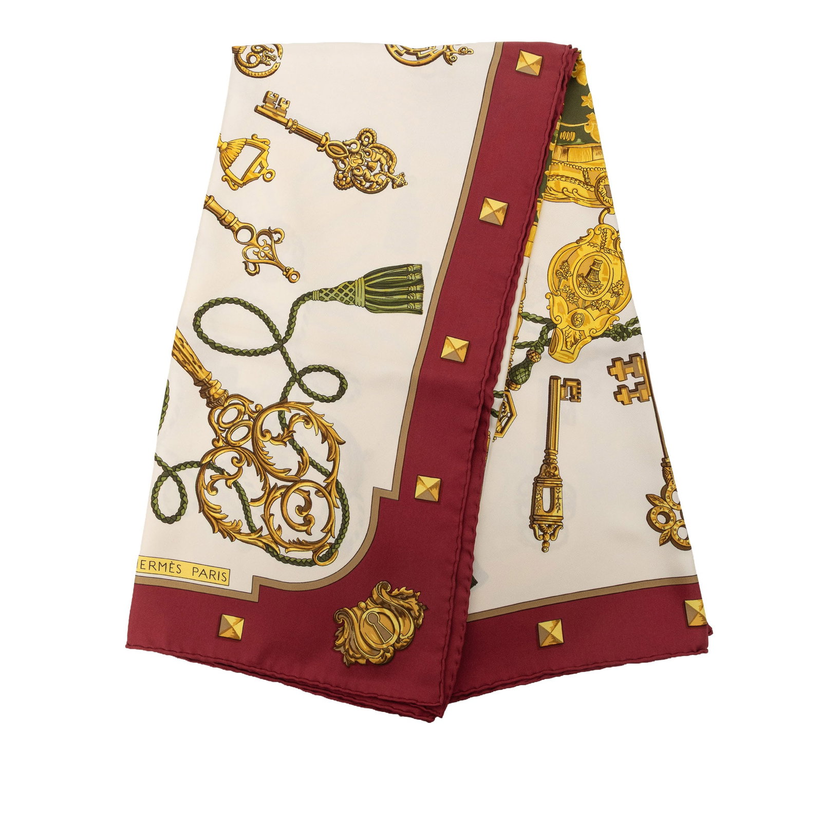 Hermes Les Cles 90 Silk Scarf White: Hermes Les Cles 90 Silk Scarf White Hermes Les Cles Silk Scarf 90 in white, featuring the Les Cles print. Made in France from 100% silk, this accessory measures approximately 87.0 cm by 87.5 cm. Condi