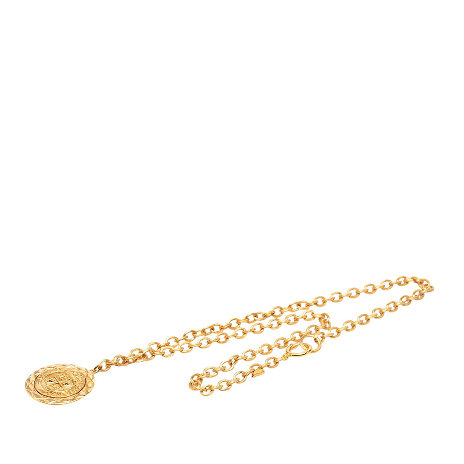 Chanel Lion Crest Medallion Pendant Necklace Gold Tone CC: Chanel Lion Crest Medallion Pendant Necklace Gold Tone CC Chanel CC medallion lion crest pendant necklace in gold tone metal with a spring ring closure. Made in France, this costume jewelry piece feat