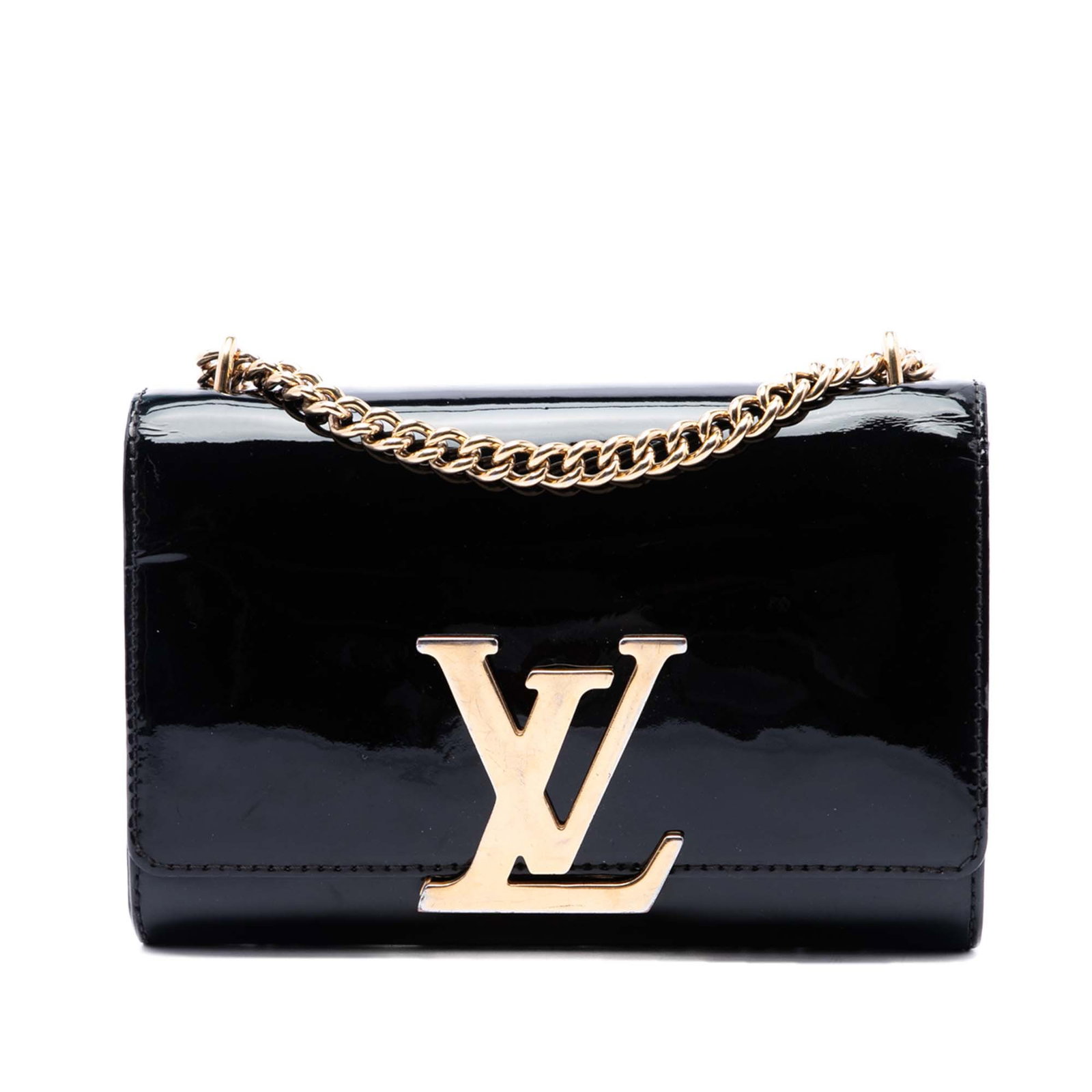 Louis Vuitton Louise MM Vernis Leather Chain Shoulder Bag: Louis Vuitton Louise MM Vernis Leather Chain Shoulder Bag Louis Vuitton Vernis Louise Sliding Chain MM bag in black, made in France. It features a vernis leather body, a gold-tone chain strap, a front
