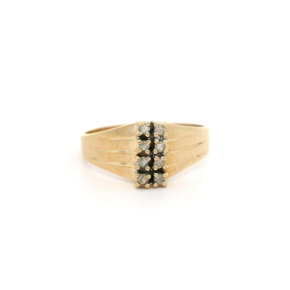 Vintage 10k Yellow Gold 0.08ctw Diamond Two Row Band Ring: Vintage 10k Yellow Gold 0.08ctw Diamond Two Row Band Ring This vintage band ring showcases a stunning design crafted in solid 10k yellow gold. It features two rows of round brilliant cut diamonds, tot