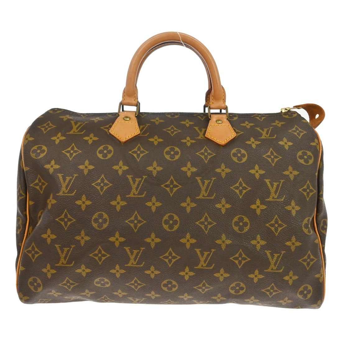 Louis Vuitton Speedy 35 Monogram Satchel Bag M41524 Brown: Louis Vuitton Speedy 35 Monogram Satchel Bag M41524 Brown Vintage Louis Vuitton Speedy 35 handbag in the Monogram line, styled as a satchel/top handle bag with double leather handles and a zip closure