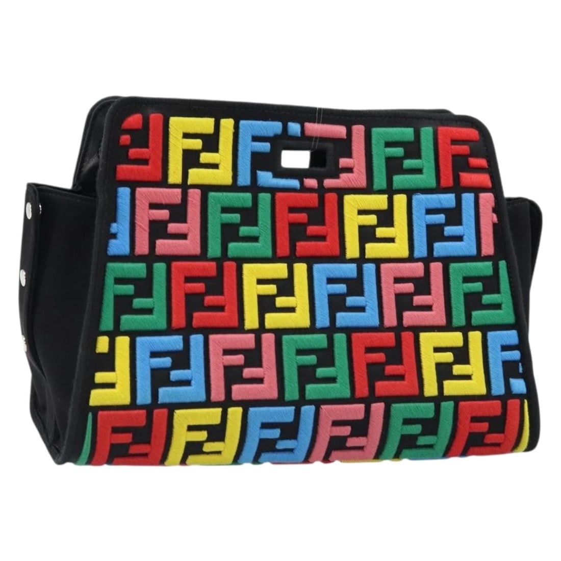 Fendi Peekaboo Defender Shoulder Bag in Black Zucca Canvas: Fendi Peekaboo Defender Shoulder Bag in Black Zucca Canvas Black and silver shoulder bag in Zucca canvas, made in Italy. The bag measures approximately 27 cm wide, 20 cm high, and 12 cm deep (10.6 x 7