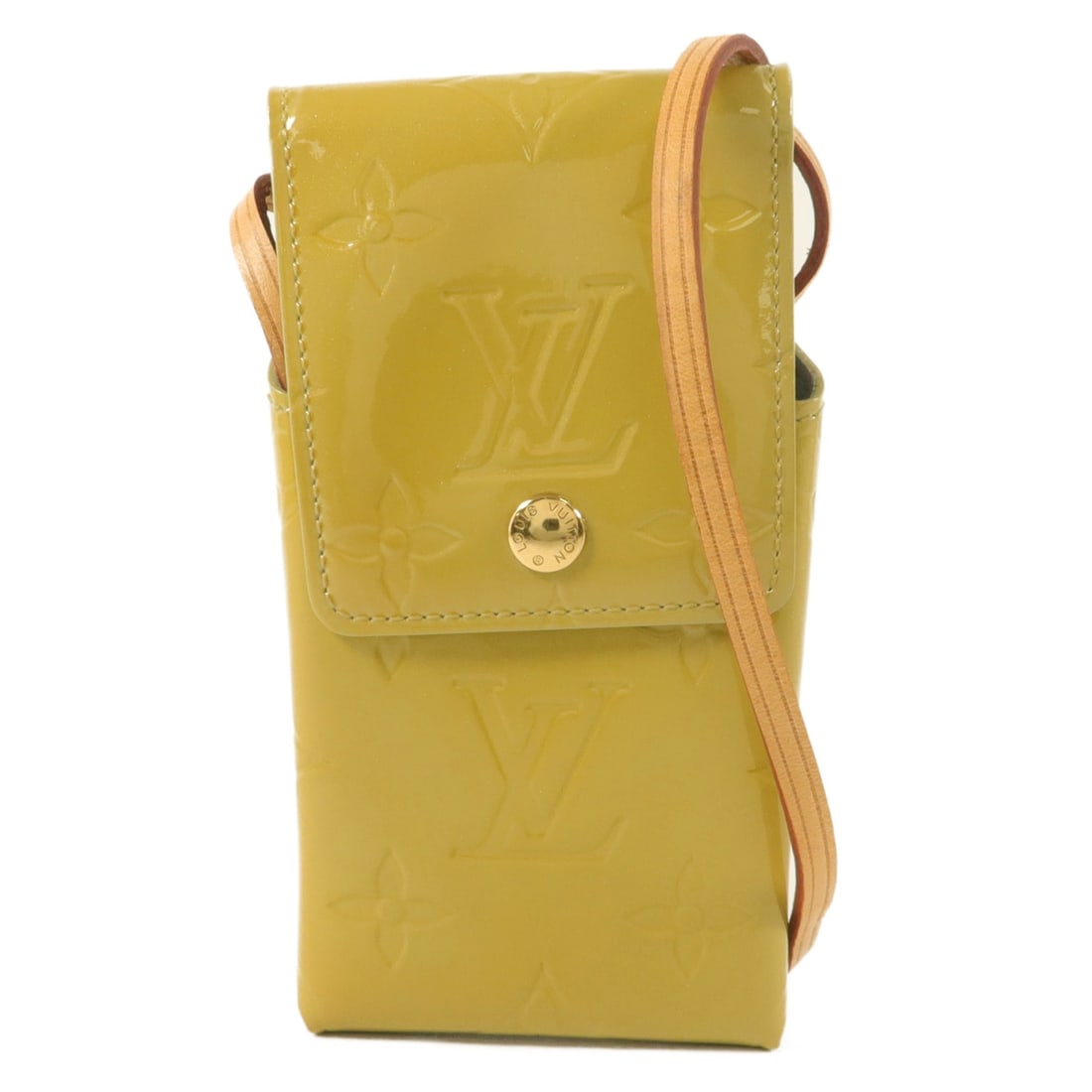 Louis Vuitton M91048 Vernis Patent Leather Cigarette Case Shoulder Bag Green: Louis Vuitton M91048 Vernis Patent Leather Cigarette Case Shoulder Bag Green A Louis Vuitton cigarette case shoulder bag in Monogram Vernis, presented in green and yellow-green tones. It features a pa