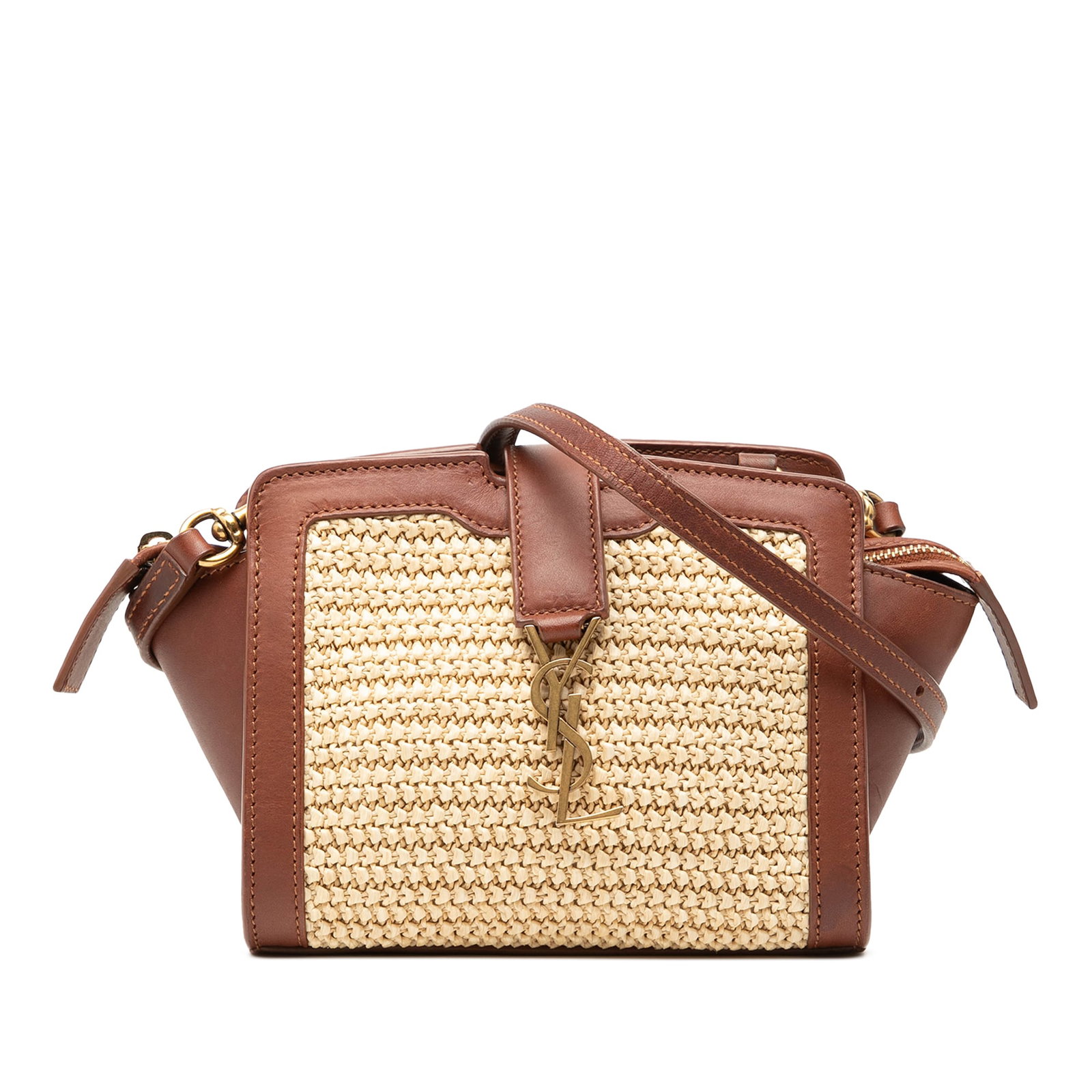Saint Laurent Toy Downtown Cabas Raffia Crossbody Bag: Saint Laurent Toy Downtown Cabas Raffia Crossbody Bag Saint Laurent Toy Raffia Monogram Downtown Cabas crossbody bag in beige, featuring a raffia body with leather trim. It includes an adjustable and 