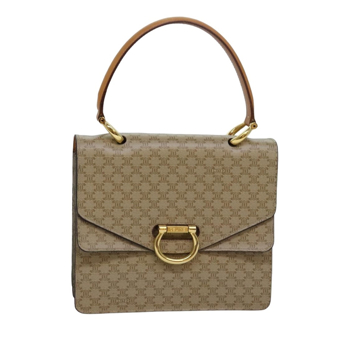 CELINE Beige Macadam Canvas Hand Bag Made in Italy: CELINE Beige Macadam Canvas Hand Bag Made in Italy CELINE hand bag in beige Macadam Canvas, made in Italy. It features a handle drop of approximately 13 cm (5.1 inches) and measures about 21.5 cm wide