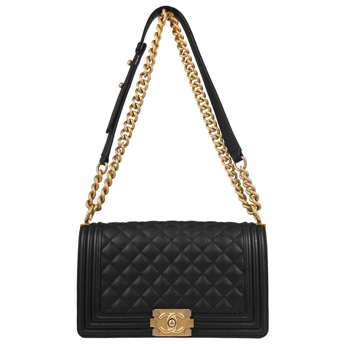 CHANEL Boy Medium Shoulder Bag Black Caviar Leather Chain Strap: CHANEL Boy Medium Shoulder Bag Black Caviar Leather Chain Strap Medium Boy Chanel shoulder bag in black caviar skin leather with a push-lock closure, chain shoulder strap, fabric lining, and inner poc