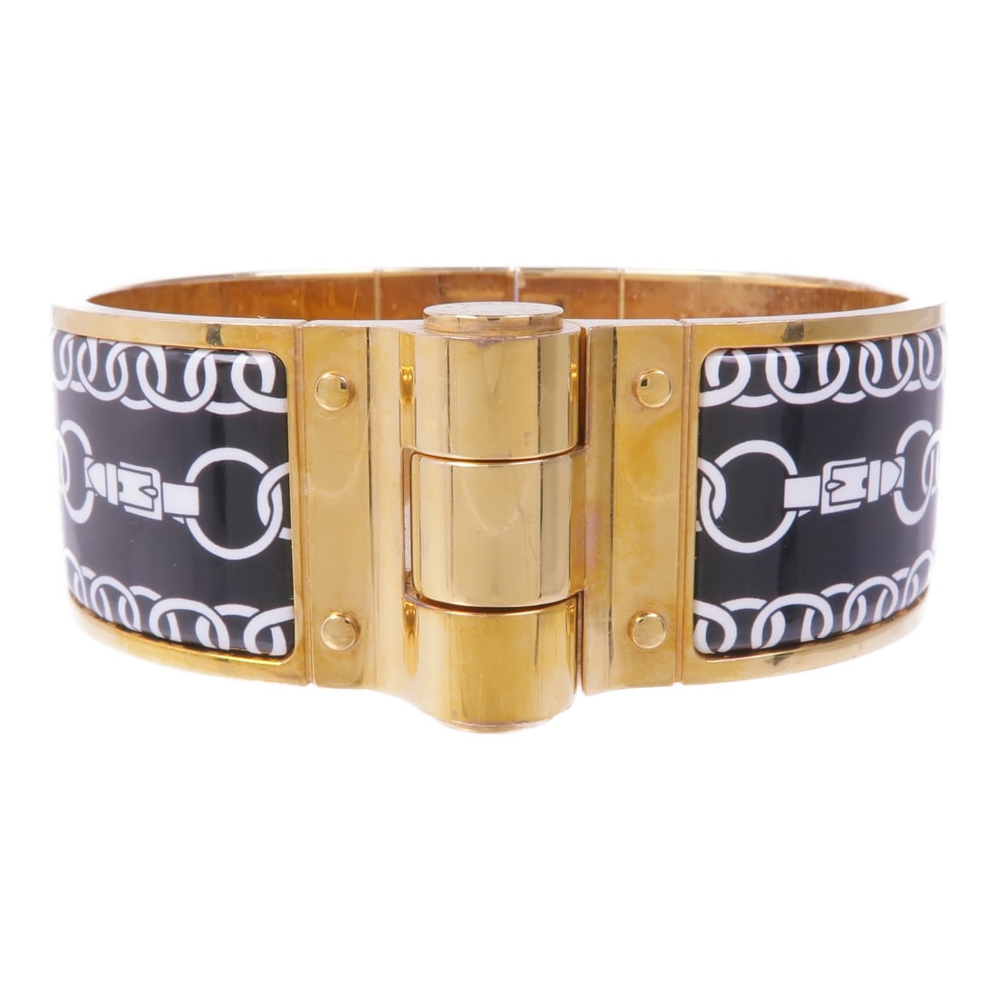 HERMES SP0145 Enamel Bracelet Black White Gold Tone: HERMES SP0145 Enamel Bracelet Black White Gold Tone Hermes bracelet in enamel and metal with a black and white color combination. It is a unisex regular-size bracelet made in France and offered in rea