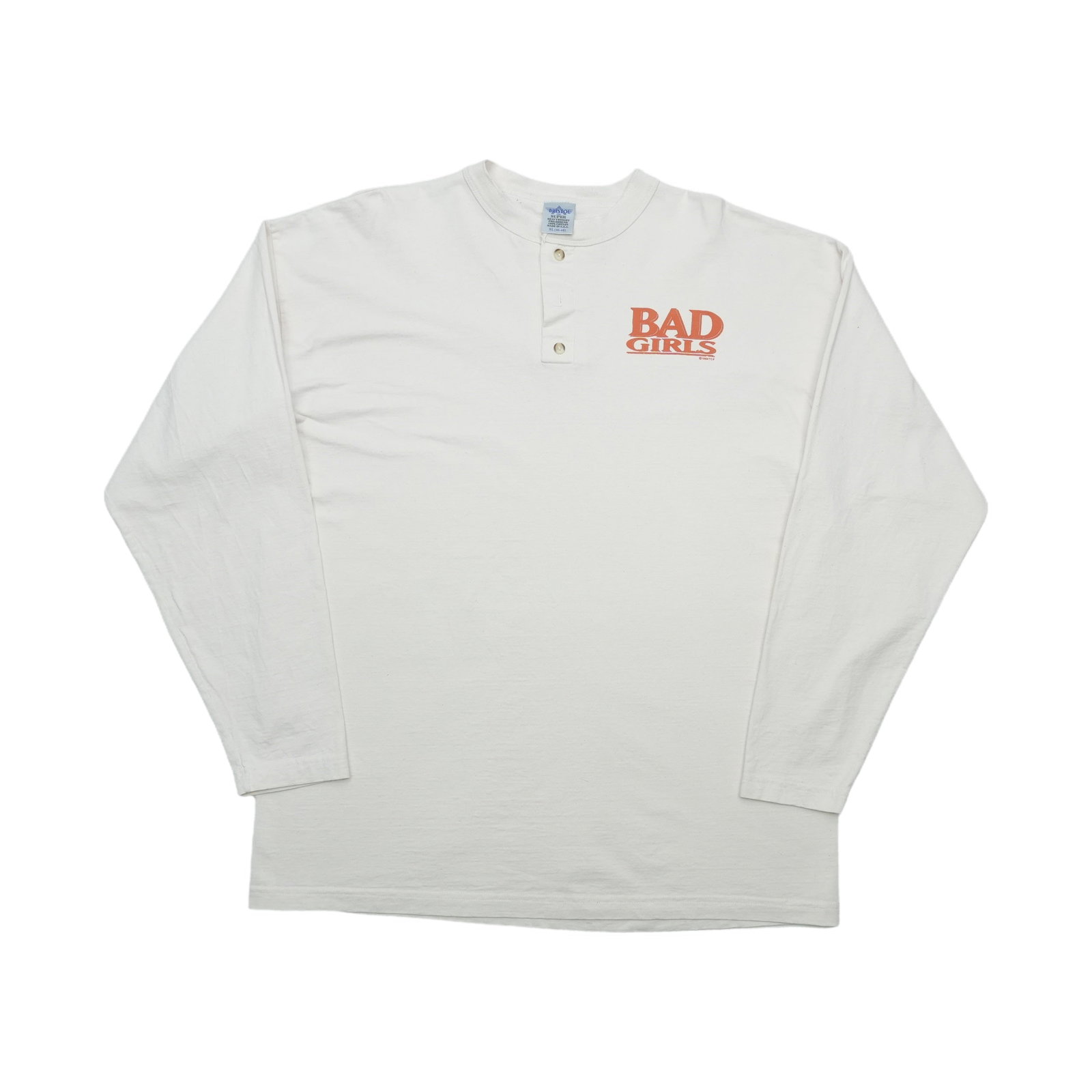 Vintage 1994 Bad Girls White Cotton Long Sleeve Tee XL: Vintage 1994 Bad Girls White Cotton Long Sleeve Tee XL This is an original vintage 1994 Bad Girls movie promotional long sleeve shirt. Made from 100% cotton, this white shirt features no back graphics