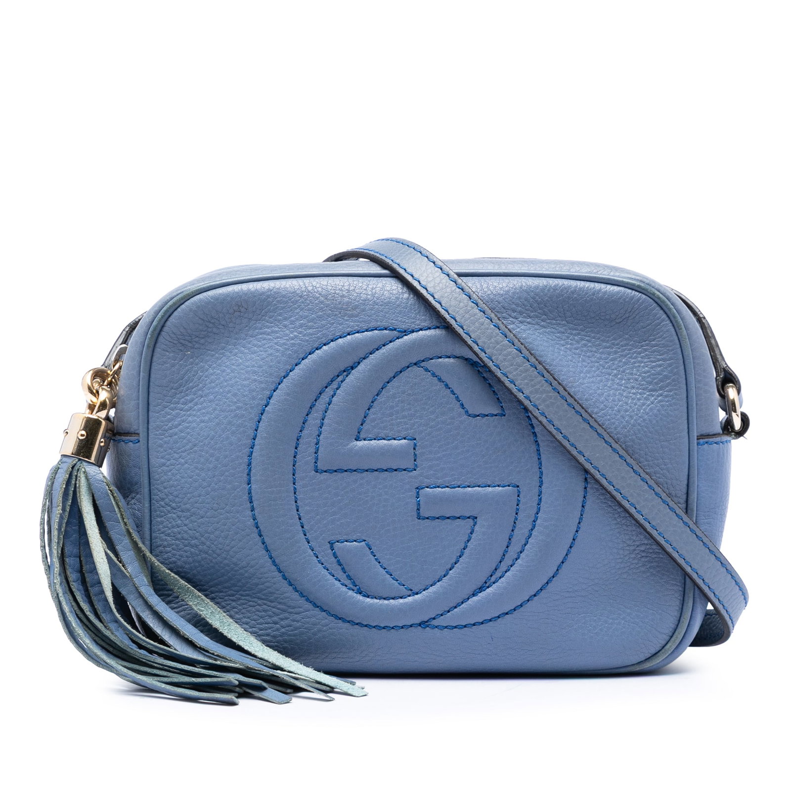 Gucci Soho Disco Blue Leather Crossbody Bag: Gucci Soho Disco Blue Leather Crossbody Bag Blue Gucci Calfskin Soho Disco Crossbody bag made in Italy. It features a leather body, an adjustable flat leather strap, tassel detail, a top zip closure, 