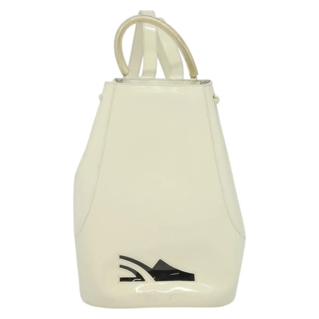 Patent Leather White Gancini Backpack by Salvatore Ferragamo: Patent Leather White Gancini Backpack by Salvatore Ferragamo This Salvatore Ferragamo Vintage Gancini Backpack is crafted from white patent leather and features the distinctive Gancini design. Designe