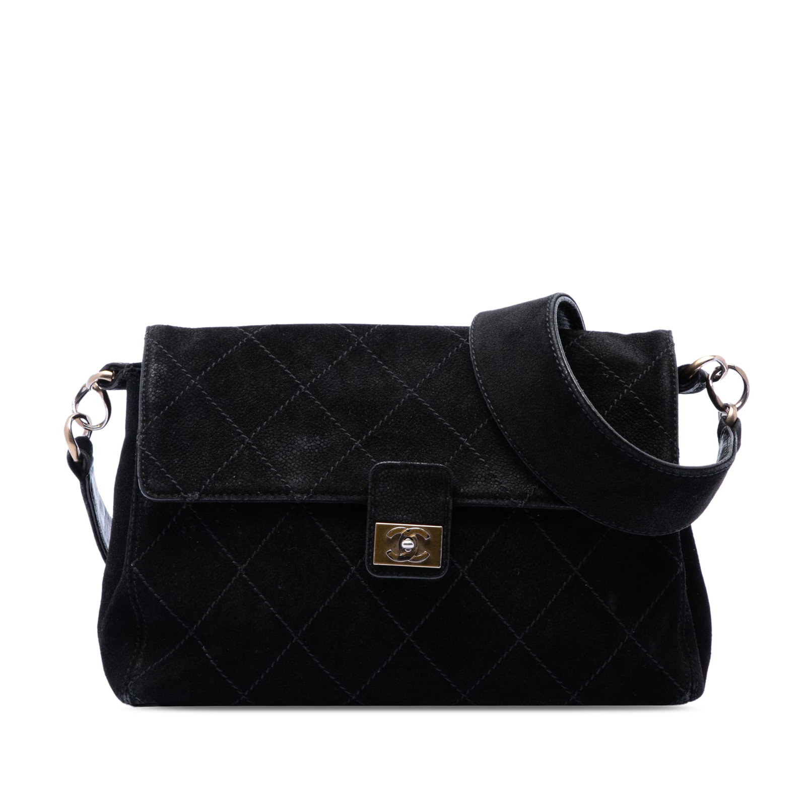 Chanel Wild Stitch CC Quilted Suede Shoulder Bag: Chanel Wild Stitch CC Quilted Suede Shoulder Bag Chanel CC Quilted Suede Wild Stitch Flap shoulder bag in black, featuring a suede body, flat leather strap, front flap with interlocking Cs and twist l