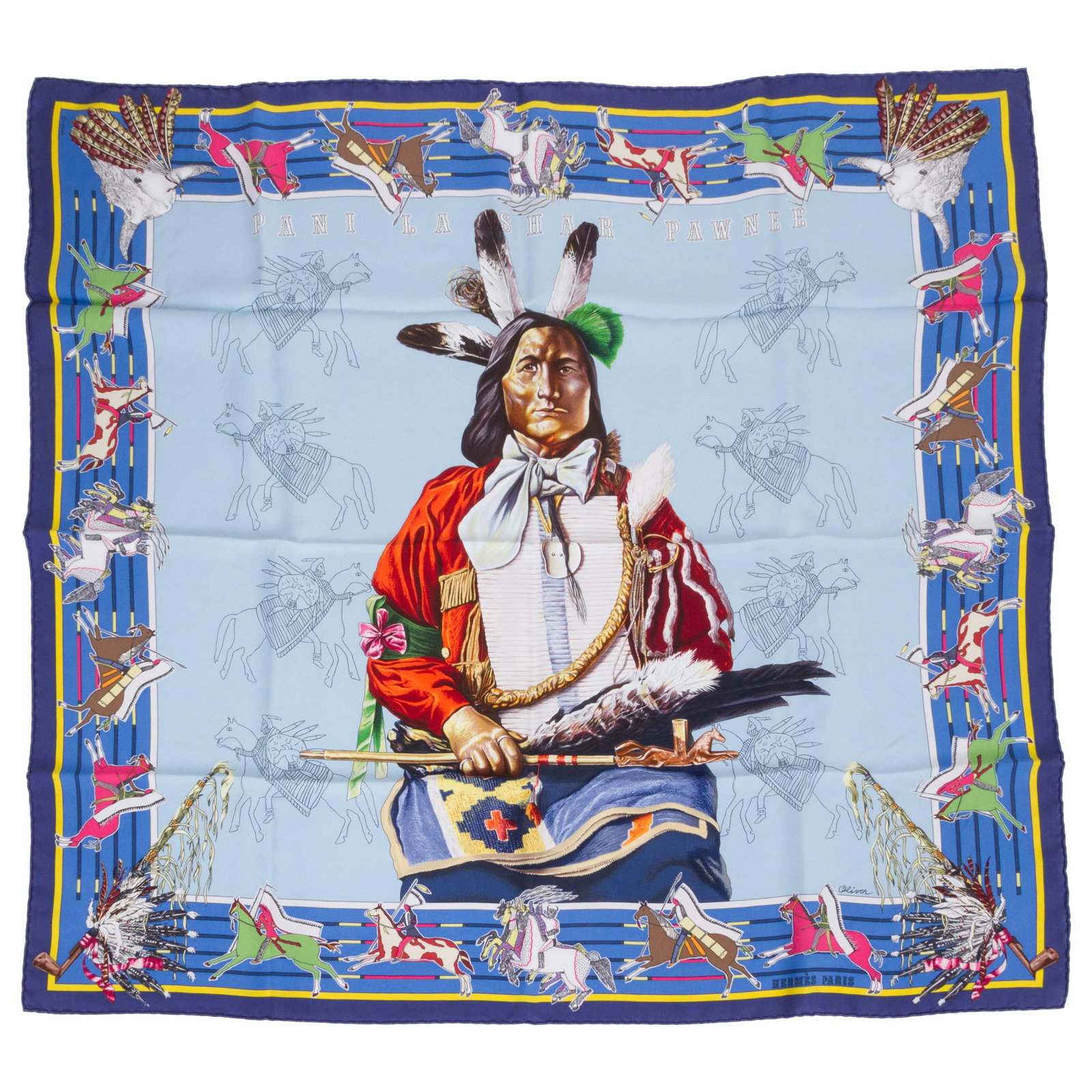 Hermes Pani la Shar Pawnee 35 in Silk Scarf: Hermes Pani la Shar Pawnee 35 in Silk Scarf This Hermes Pani la Shar Pawnee scarf is a reissue designed by Kermit Oliver, featuring a blue and celeste color palette. Crafted in France, it is finished 
