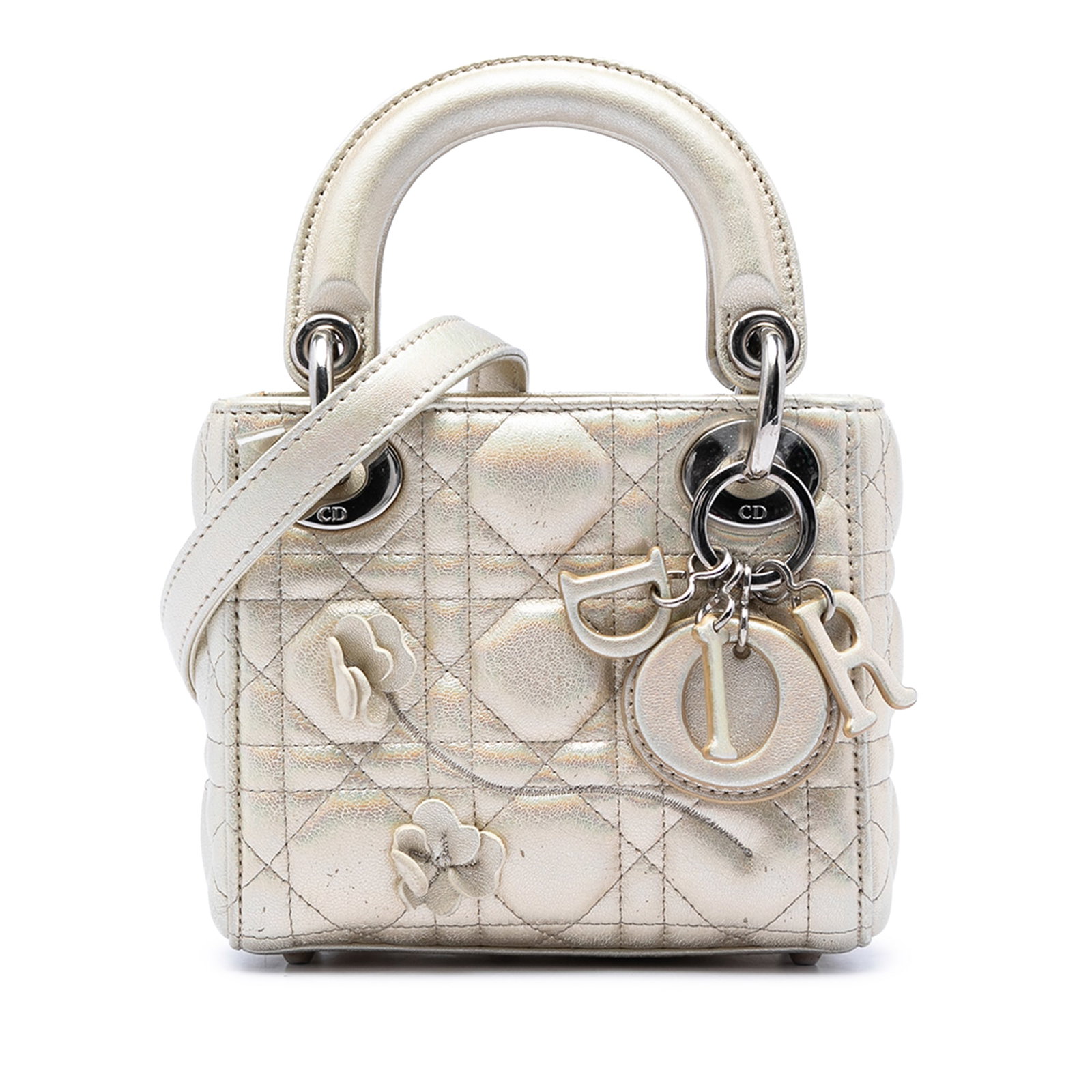 Dior Lady Dior Lucky Cannage Micro Metallic Crinkled Calfskin Bag: Dior Lady Dior Lucky Cannage Micro Metallic Crinkled Calfskin Bag This Lady Dior bag is crafted in crinkled leather with a gold finish and flower embellishments. It features flat leather handles, a de