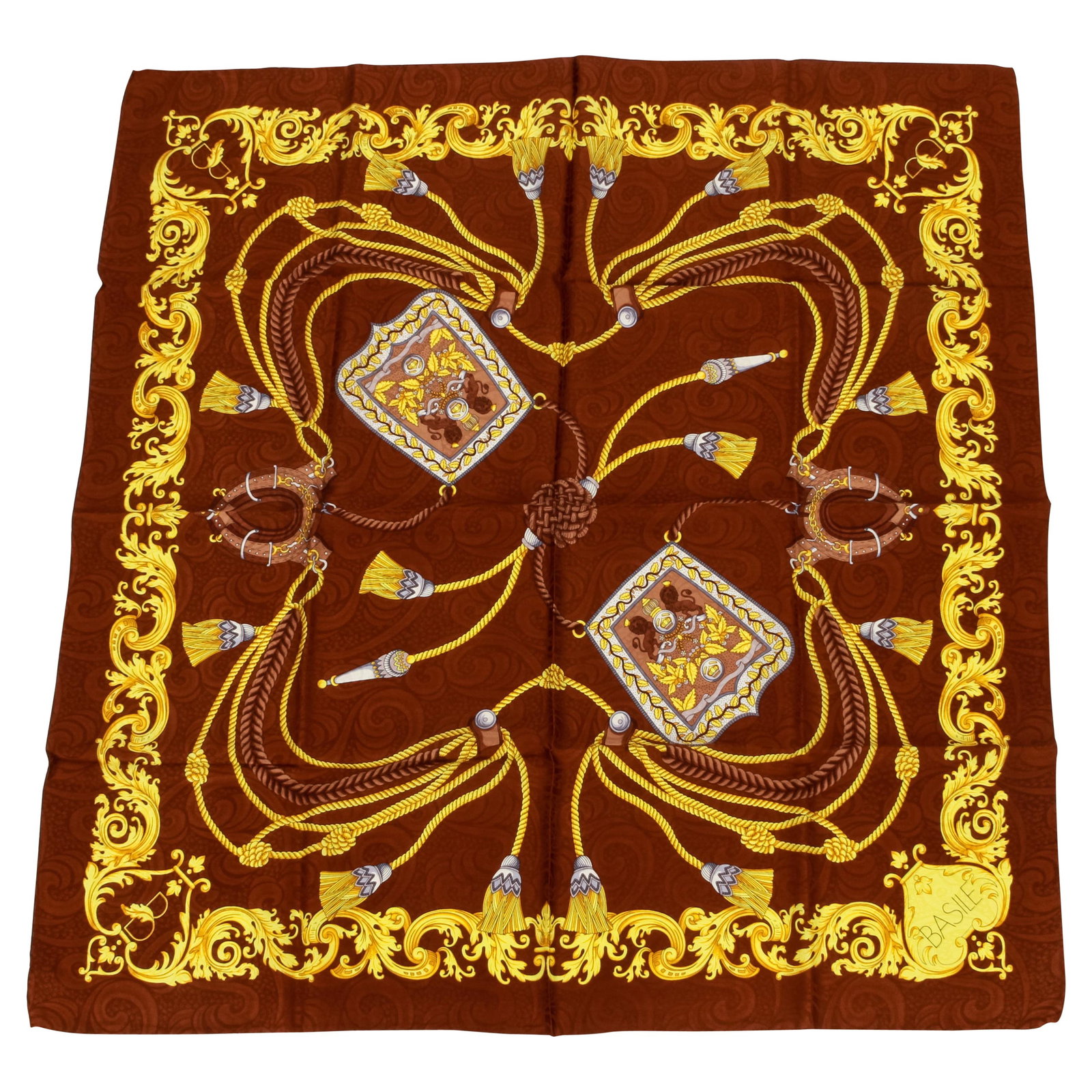 Basile 1980s Vintage Brown Yellow Silk Scarf 35x35 Italy: Basile 1980s Vintage Brown Yellow Silk Scarf 35x35 Italy This exquisite Basile vintage silk scarf from the 1980s features a stylish ribbons design in a rich brown and yellow color combination. The sca
